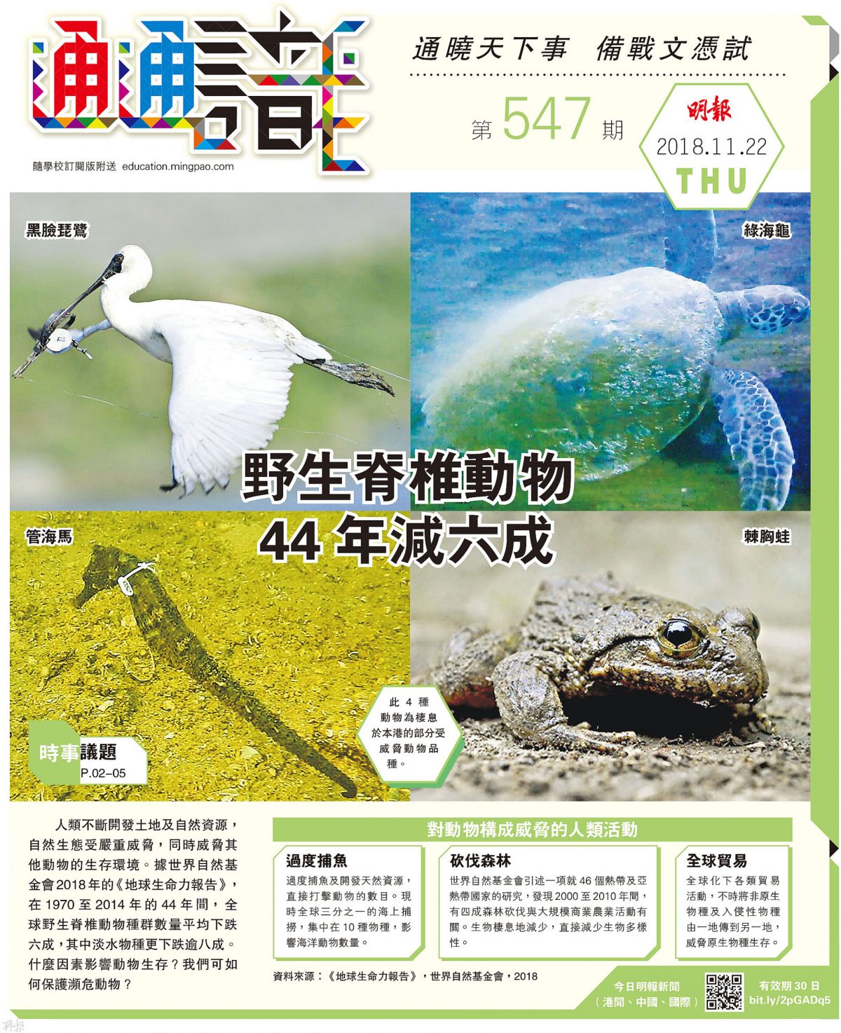 《明報通通識》547期 野生脊椎動物 44年減六成